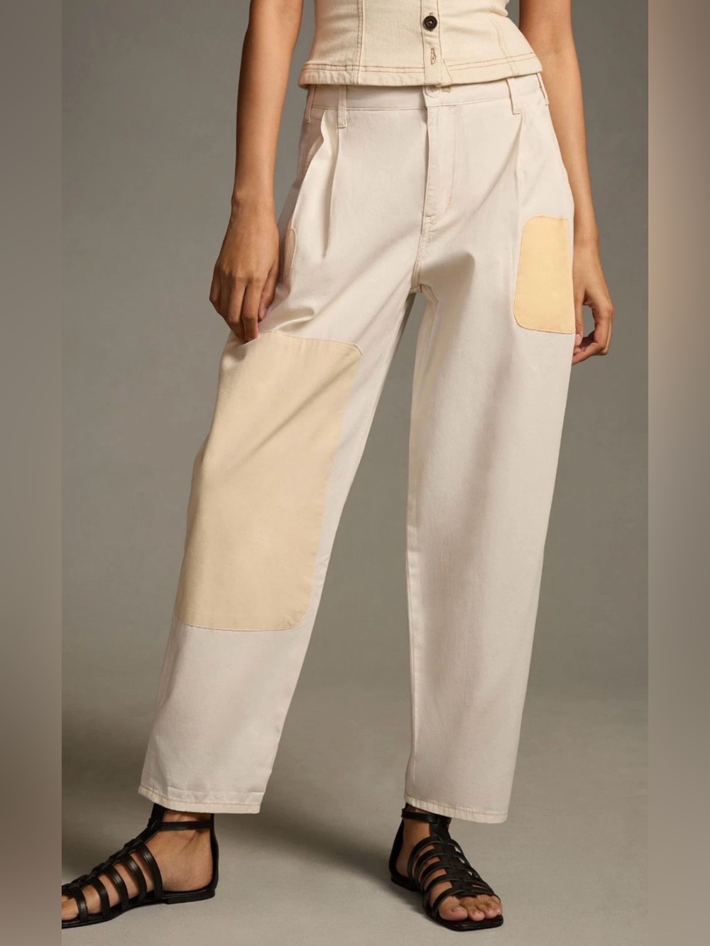 Anthropologie Pilcro Roll Hem Utility Beige Patch Chino  Barrel Pant  23P NEW